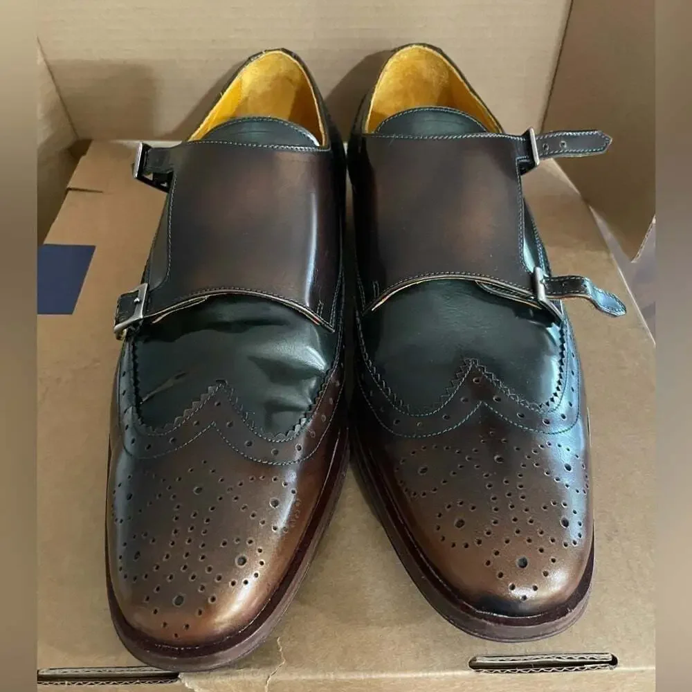 Elegant Brown and Green Men's Monk Butler Strap Oxfords